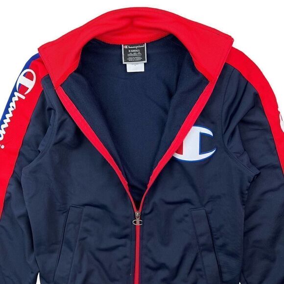 New Champion Men Navy Blue Full Zip Jacket Sport Athletic Red Cuffs Logo US XS - Picture 9 of 12